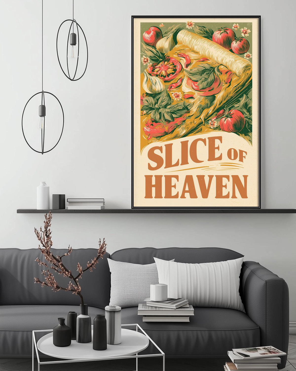 a framed poster of a slice of pizza with various vegetables, hanging on a wall above a gray couch in a living room setting.