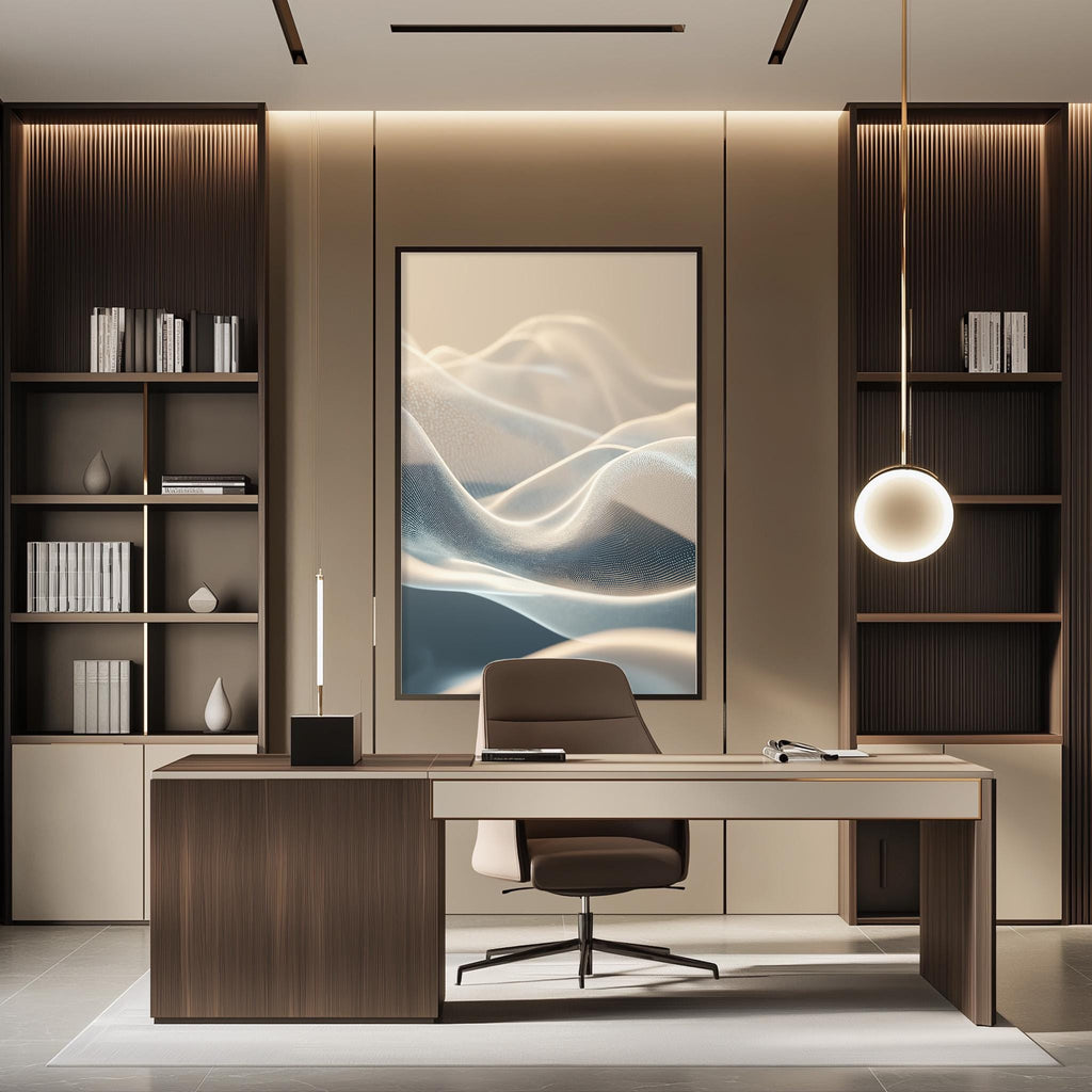 a modern and minimalist office space with a large abstract painting on the wall, a wooden desk with a chair, and built-in bookshelves.