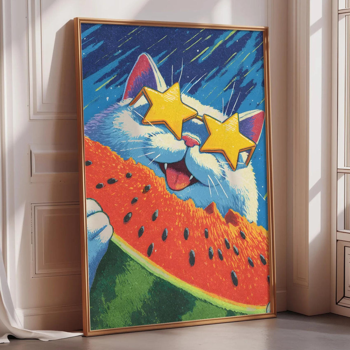 A framed painting depicting a cat wearing sunglasses and holding a slice of watermelon.
