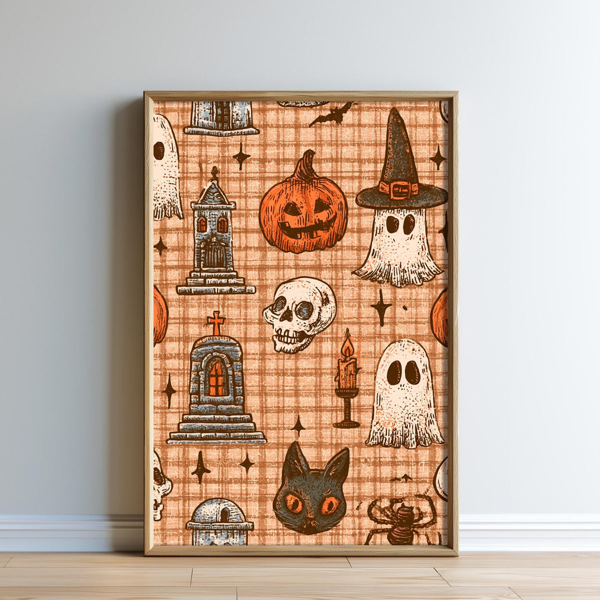 The image is a framed print featuring a repeating pattern of Halloween-themed illustrations, including a jack-o-lantern, ghost, skeleton, witch's hat, tombstone, cat, spider, and other spooky or eerie elements.