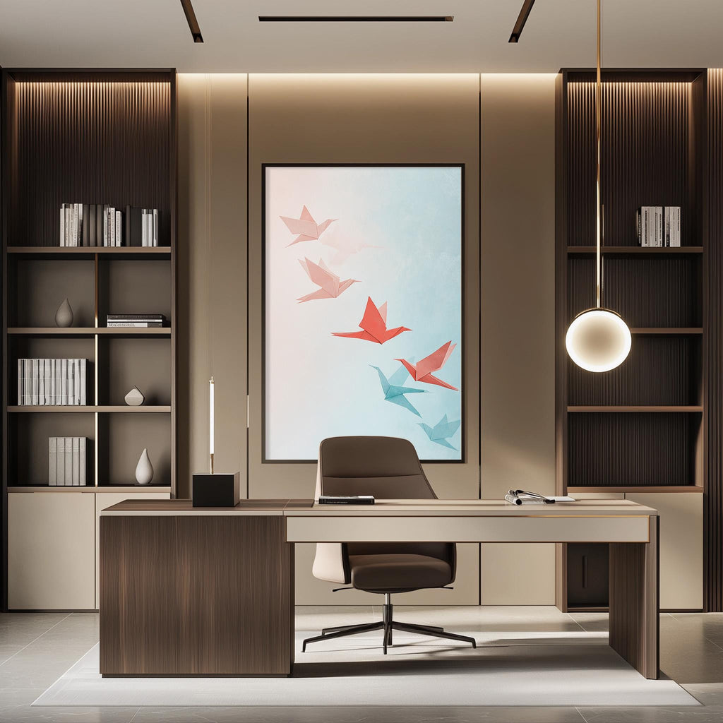 a modern and minimalist office space with a large framed artwork featuring a flock of colorful birds on the wall. The office features a wooden desk, a comfortable-looking chair, and a bookshelf filled with books and decorative items.
