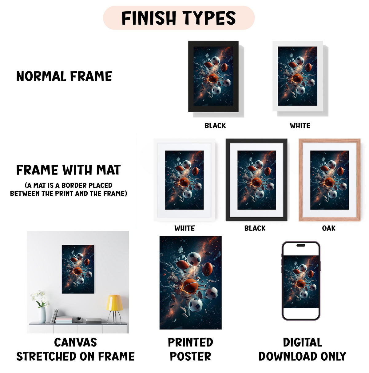 various types of artwork, including a canvas stretched on a frame, a framed poster, and a digital poster. The artwork is presented in different frame colors and styles, such as a normal frame, a black frame, a white frame, and an oak frame. The artwork is described as a canvas stretched on a frame, a framed poster, and a digital poster, and it is presented in different frame colors and styles, such as a white frame, a black frame, and an oak frame.