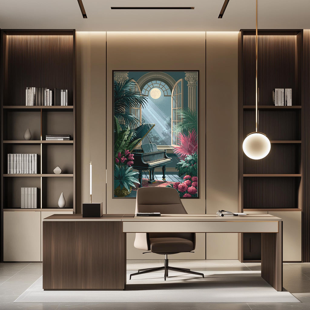 a modern and stylish home office with a large painting of a tropical garden hanging on the wall. The office features a wooden desk, a comfortable chair, and a pendant light above the desk. The room has a warm and inviting atmosphere, with a bookshelf filled with books and decorative items.