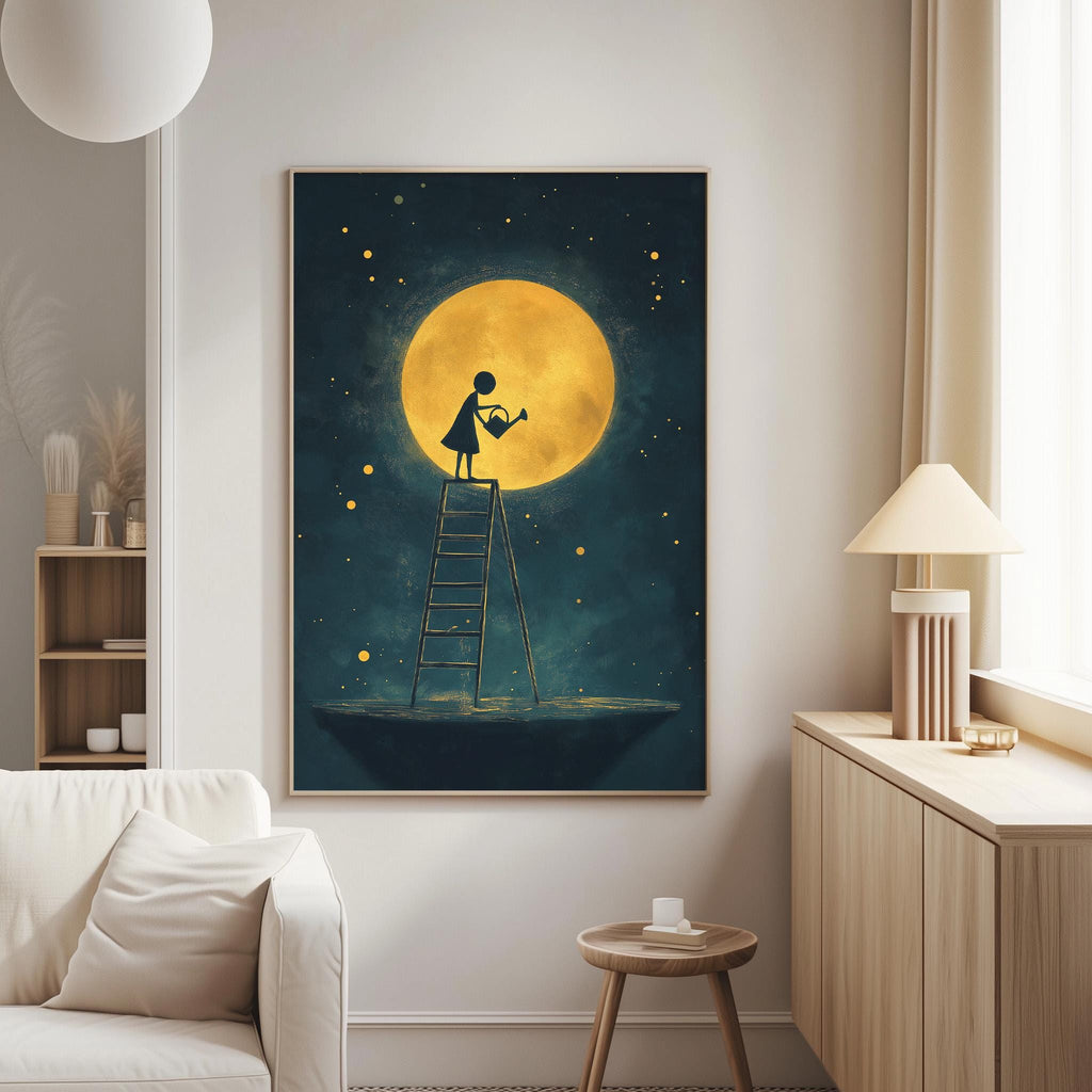a cozy living room with a large, vibrant painting hanging on the wall. The painting features a silhouetted figure standing on a ladder, gazing up at a large, glowing moon. The room is furnished with a white sofa and a wooden side table, creating a warm and inviting atmosphere.
