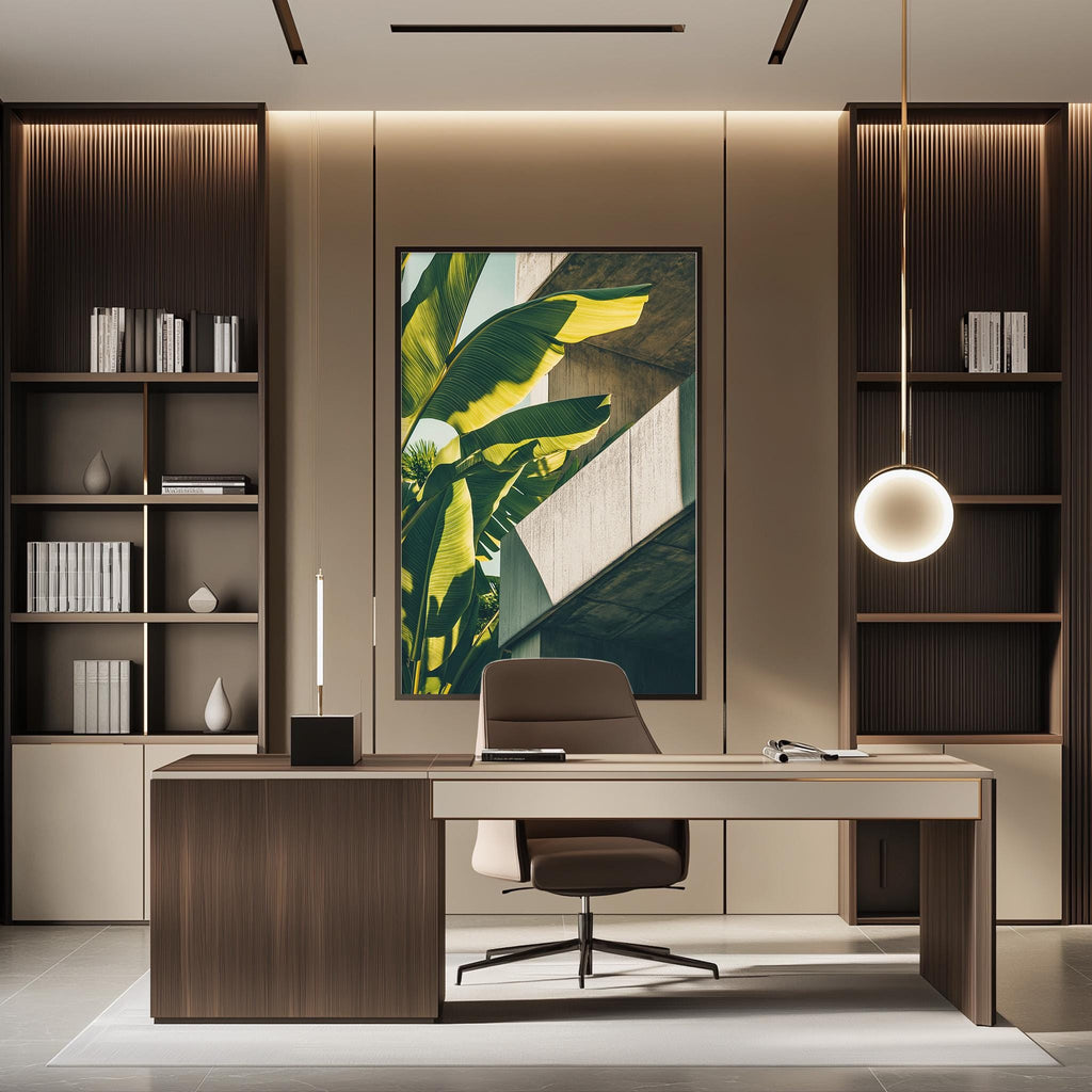 a modern and well-designed office space with a large window, wooden furniture, and a large abstract painting on the wall.