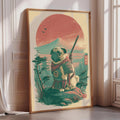 A framed illustration depicting a pug dog dressed as a warrior, standing on a rock and holding a sword, with a sunset and mountains in the background.