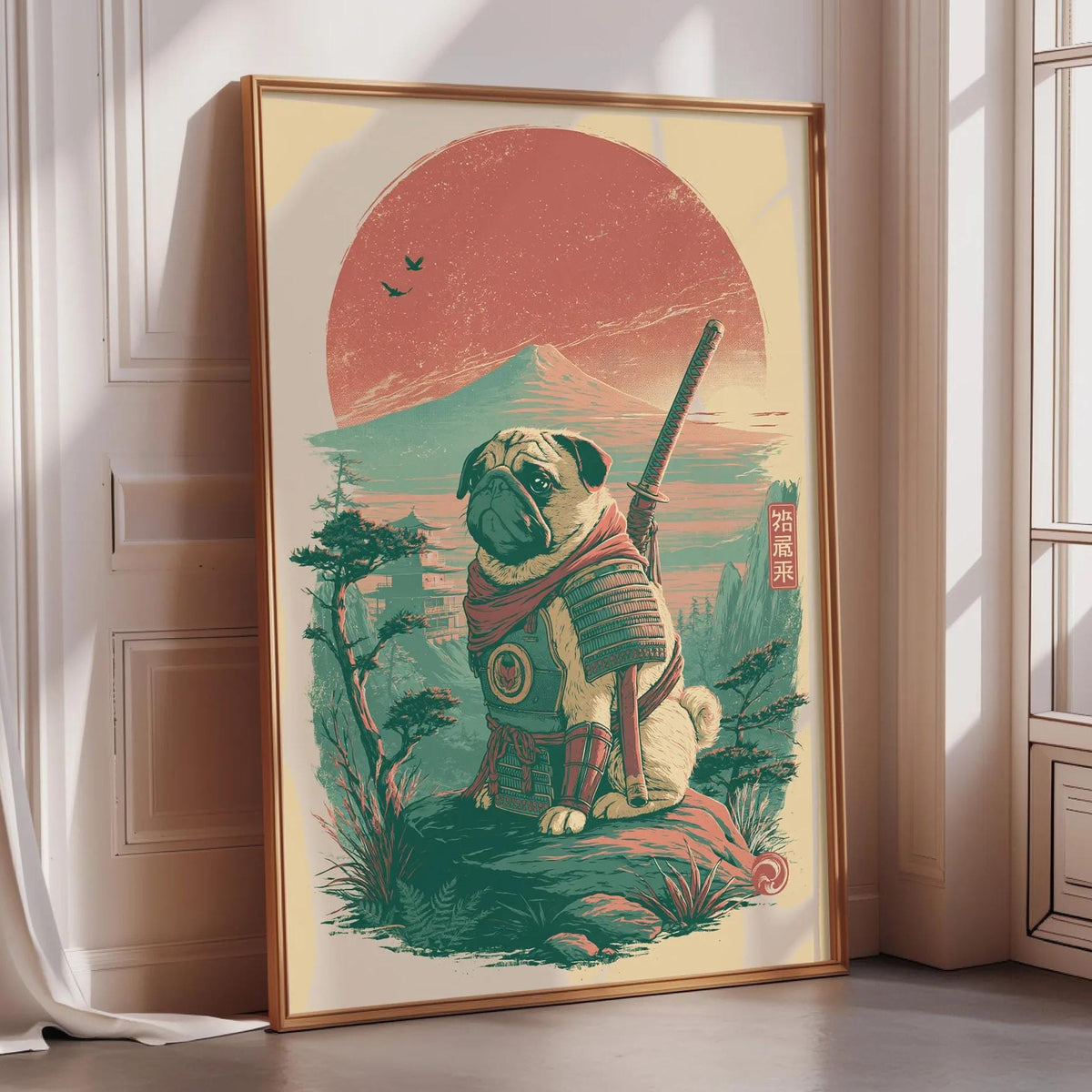 A framed illustration depicting a pug dog dressed as a warrior, standing on a rock and holding a sword, with a sunset and mountains in the background.
