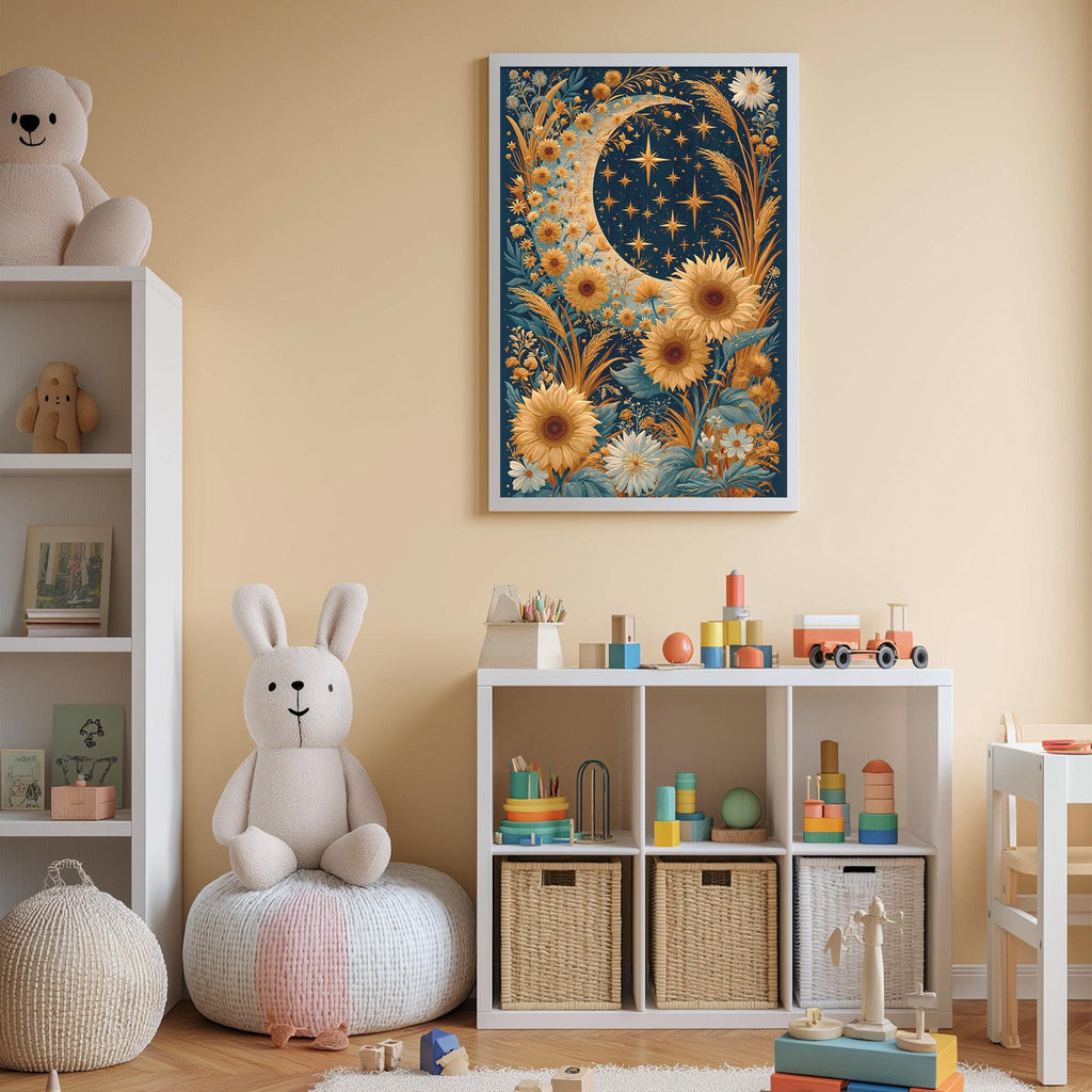 A cozy and colorful children's bedroom with a large crescent moon and starry night sky as the focal point. The room is filled with various toys, including a teddy bear, a bunny, and a toy train, as well as a bookshelf and storage bins. The walls are painted a light peach color, and the overall atmosphere is warm and inviting.