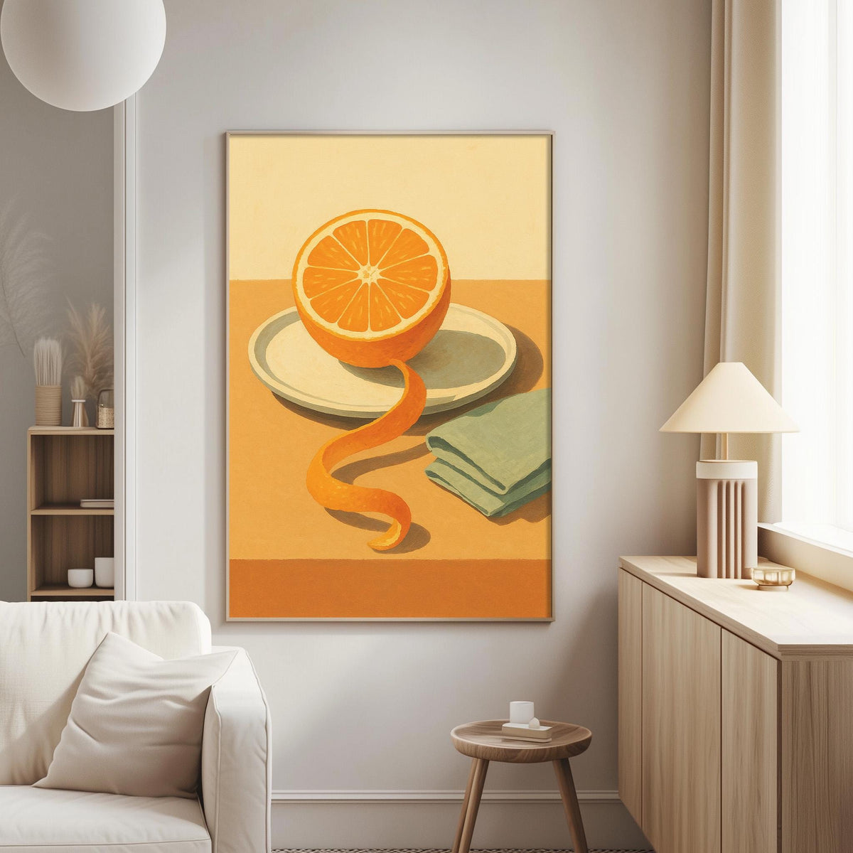 a large painting of an orange slice on a plate, hanging on a wall in a living room setting.