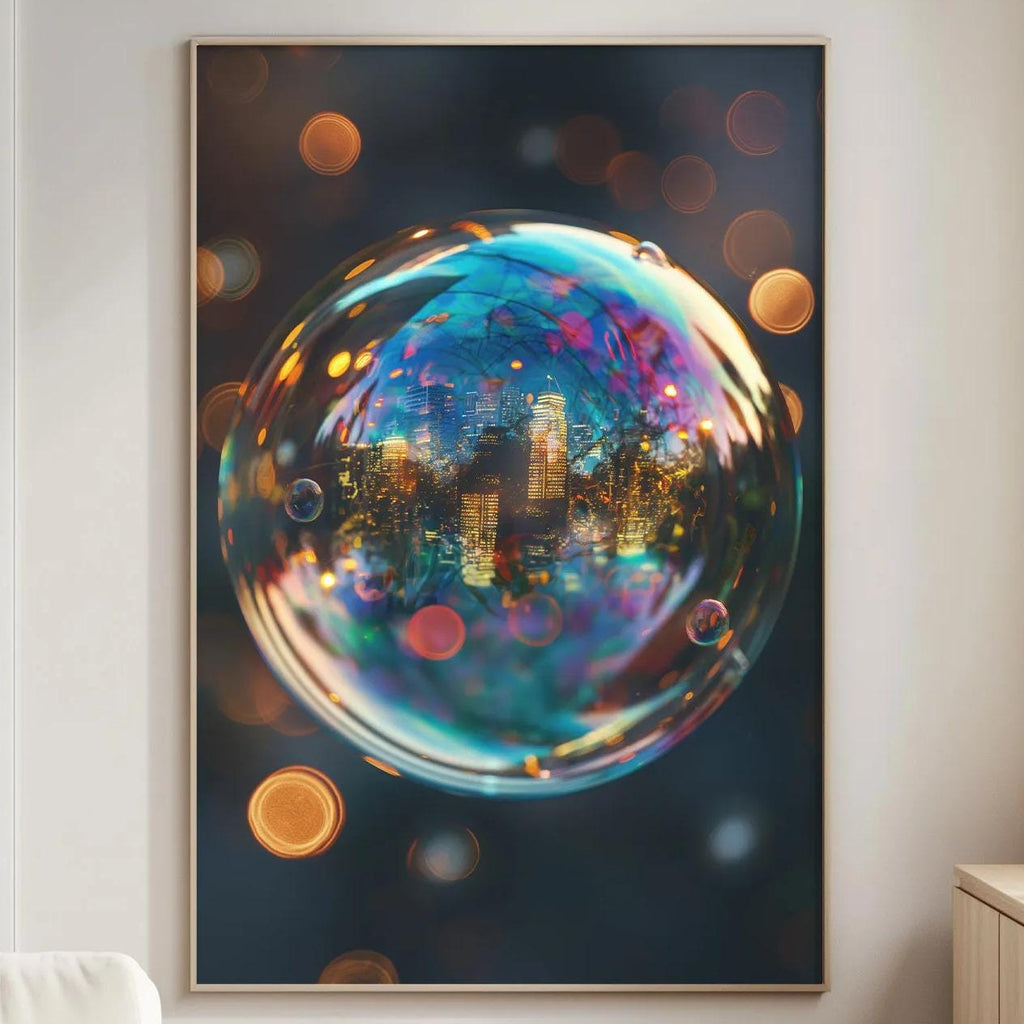 a large, colorful, abstract painting of a bubble-like structure with a cityscape inside, hanging on a wall in a living room setting.