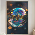 a large, colorful, abstract painting of a bubble-like structure with a cityscape inside, hanging on a wall in a living room setting.