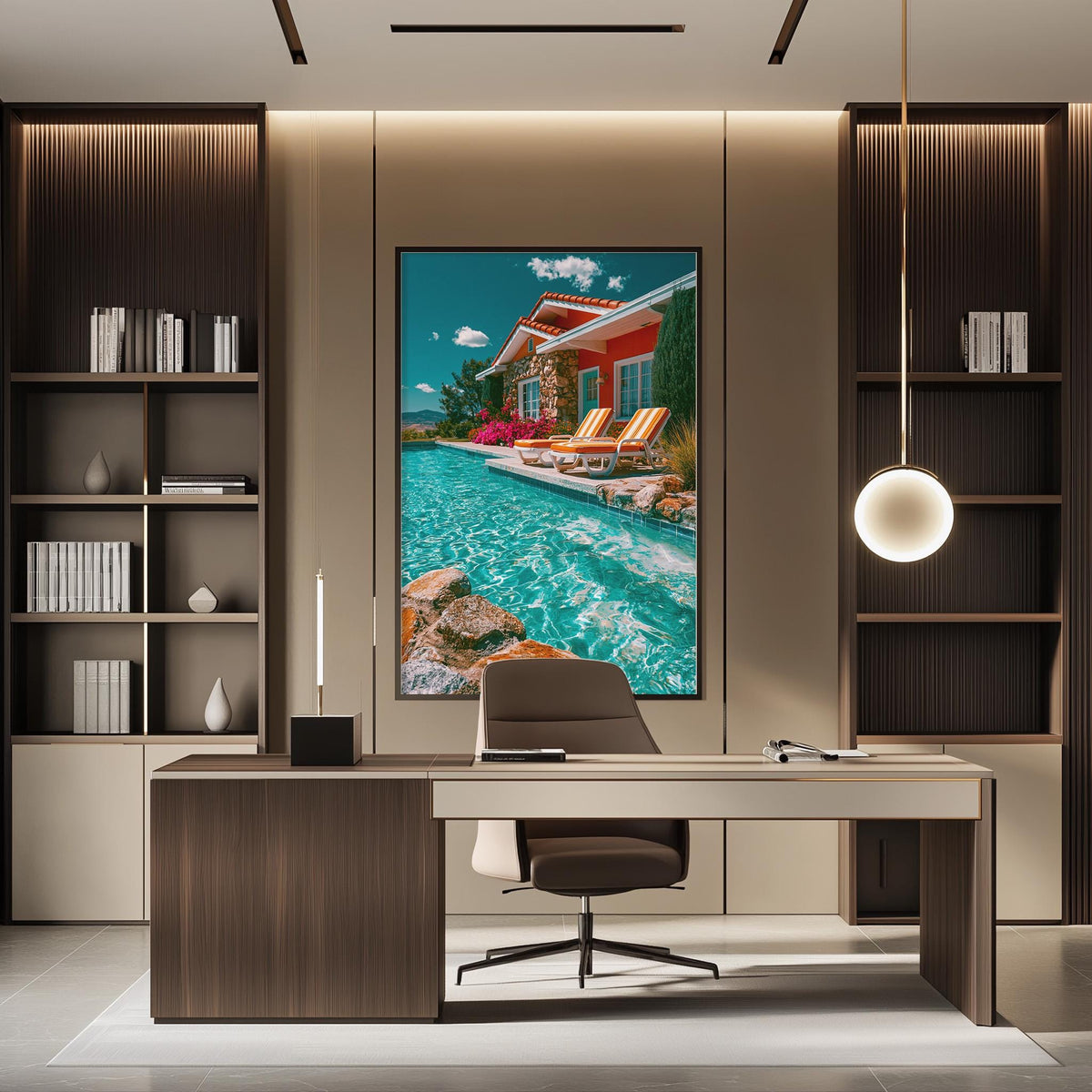 a modern office space with a large framed picture of a pool and a house on the wall, creating a serene and relaxing atmosphere.