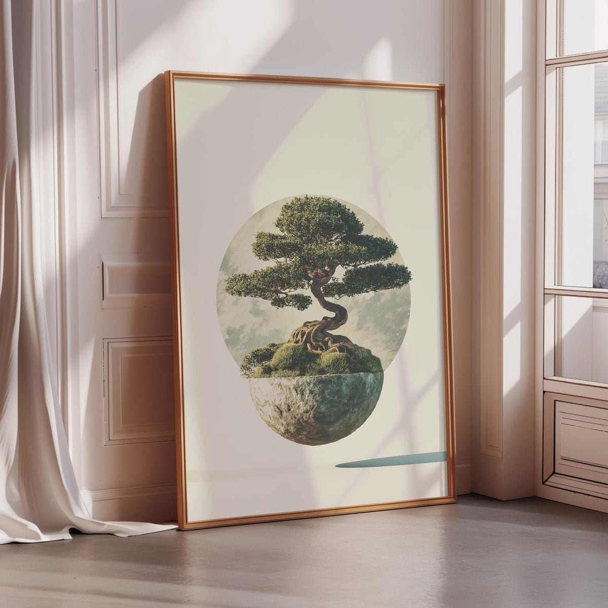 a large framed picture of a bonsai tree on a rock, set against a circular background.