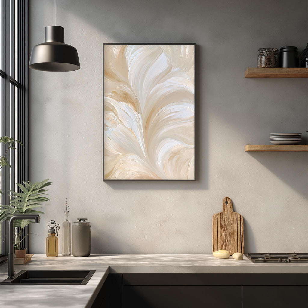 a modern kitchen with a large abstract painting hanging on the wall above a wooden cutting board and a sink.