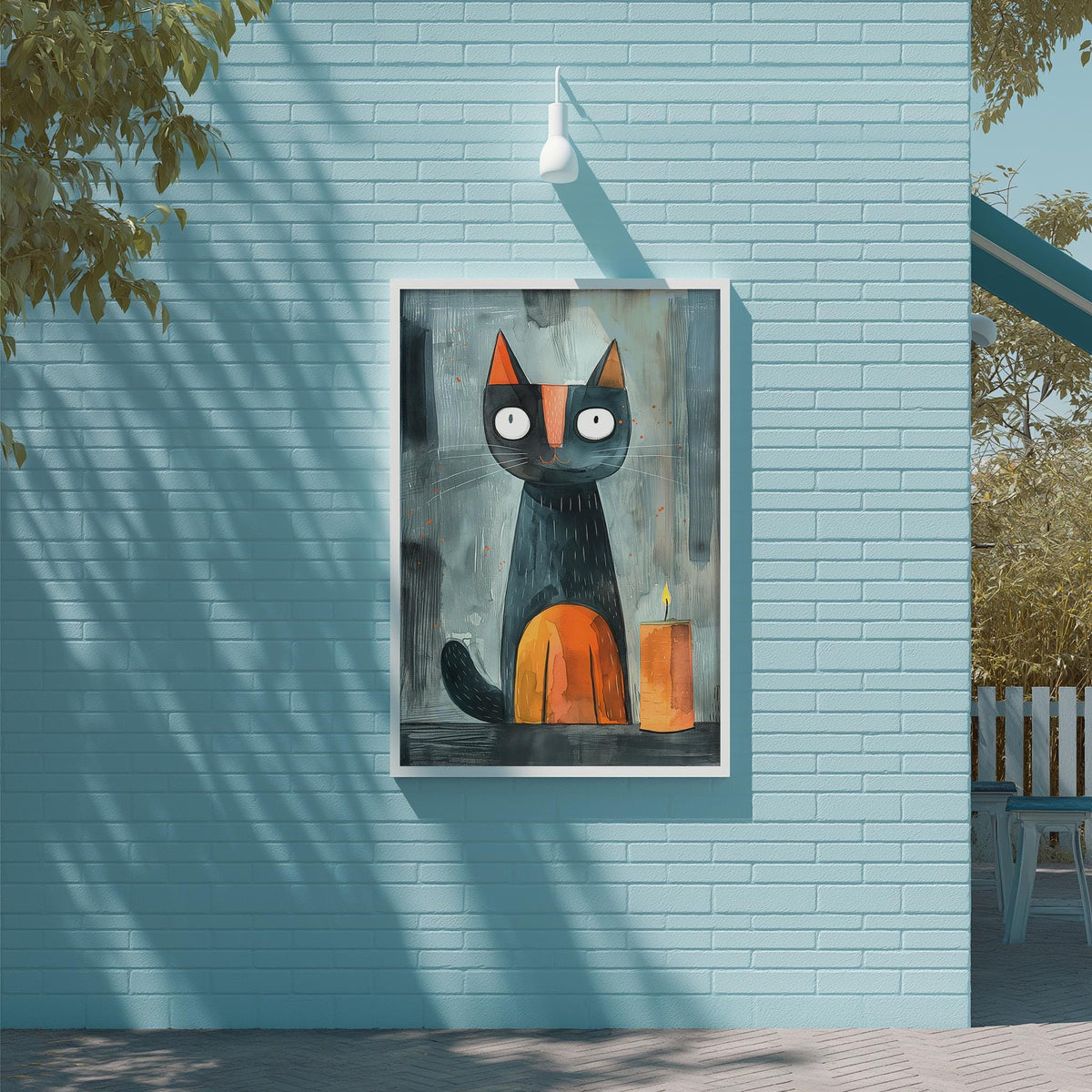 a blue brick wall with a framed painting of a cat hanging on it.