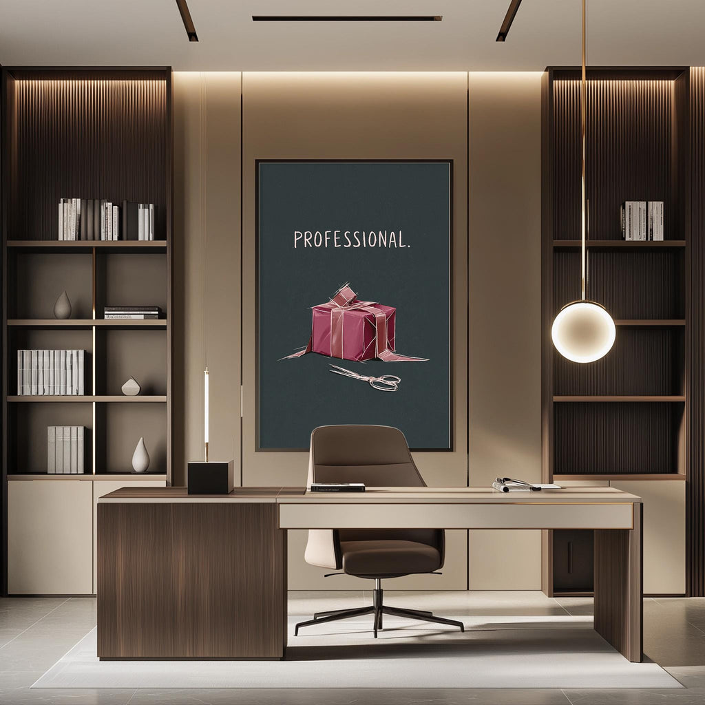 a modern and stylish office space with a large framed poster featuring a pink gift box and scissors on the wall. The office has a wooden desk, a comfortable chair, and a bookshelf filled with books. The overall design and decor create a professional and inviting atmosphere.