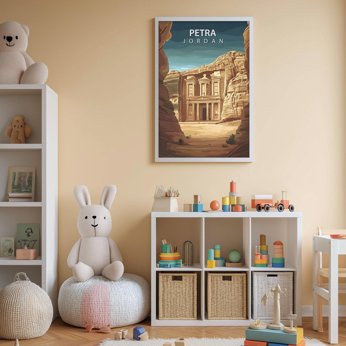 A child's bedroom with a large poster of Petra, a desert canyon in Jordan, hanging on the wall. The room is filled with toys, including a stuffed rabbit, and has a bookshelf and storage unit.