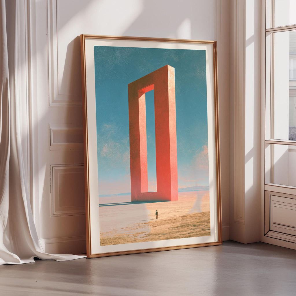 a large, abstract painting of a red, rectangular structure set against a blue sky with clouds.