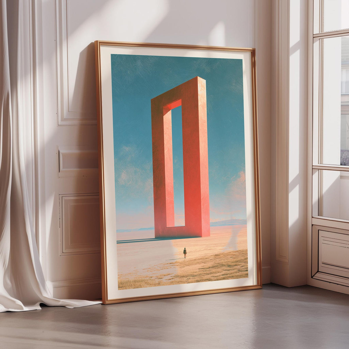 a large, abstract painting of a red, rectangular structure set against a blue sky with clouds.