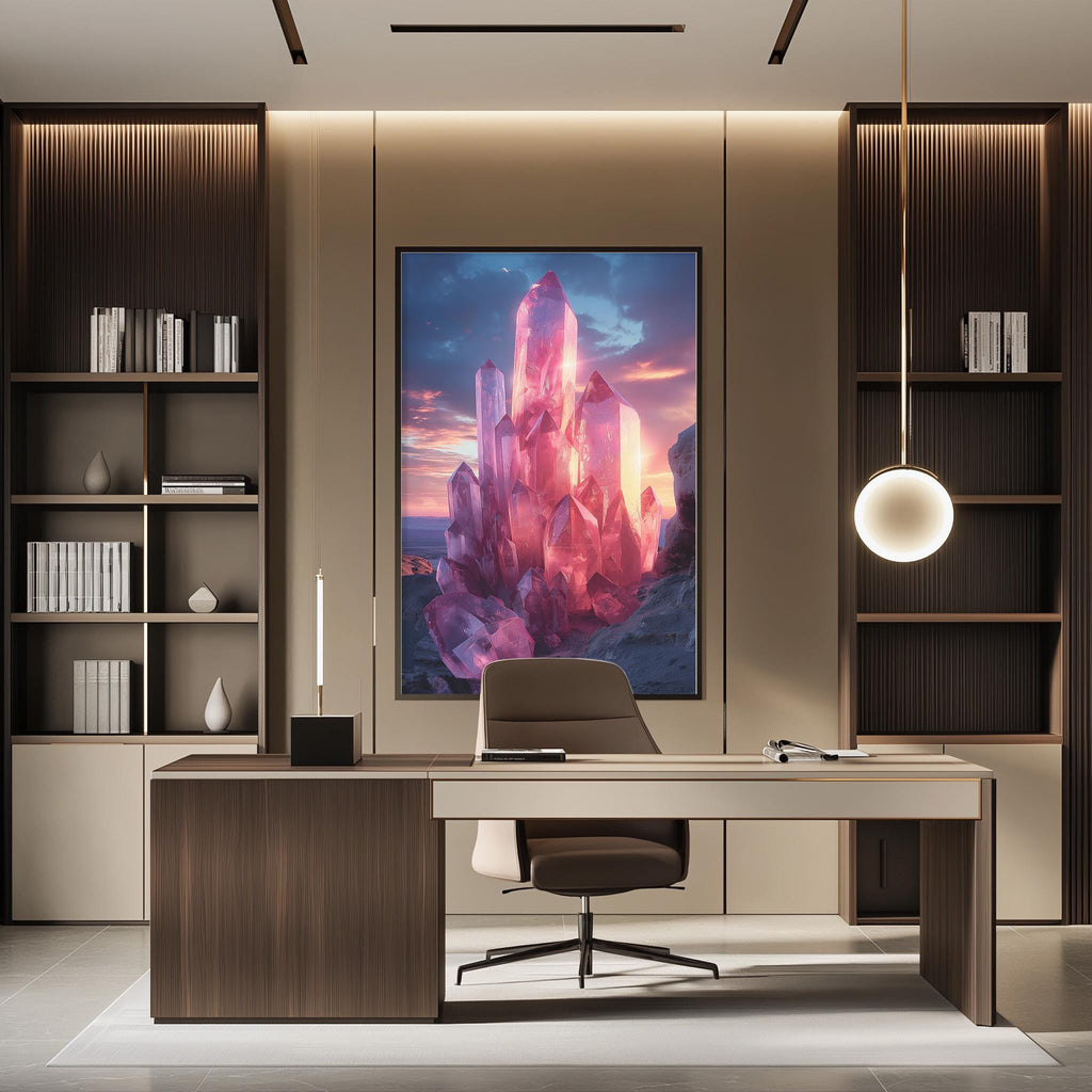 a modern and stylish office space with a large, colorful painting of a crystal formation on the wall. The office features a wooden desk, a comfortable chair, and a bookshelf filled with books. The overall design and decor create a visually appealing and functional workspace.