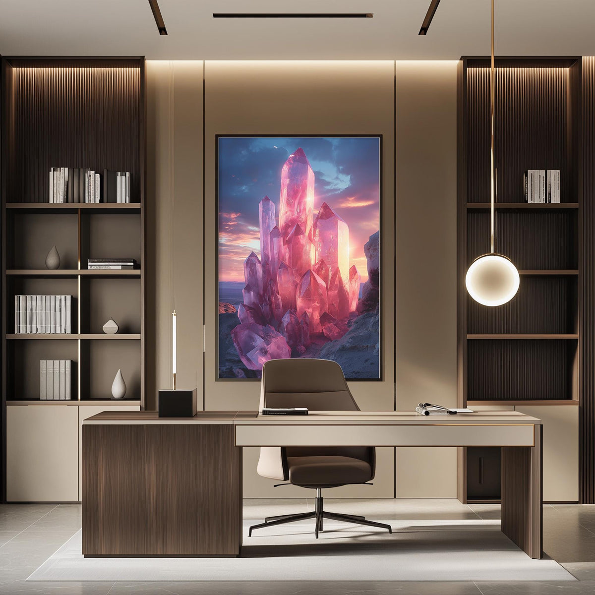 a modern and stylish office space with a large, colorful painting of a crystal formation on the wall. The office features a wooden desk, a comfortable chair, and a bookshelf filled with books. The overall design and decor create a visually appealing and functional workspace.