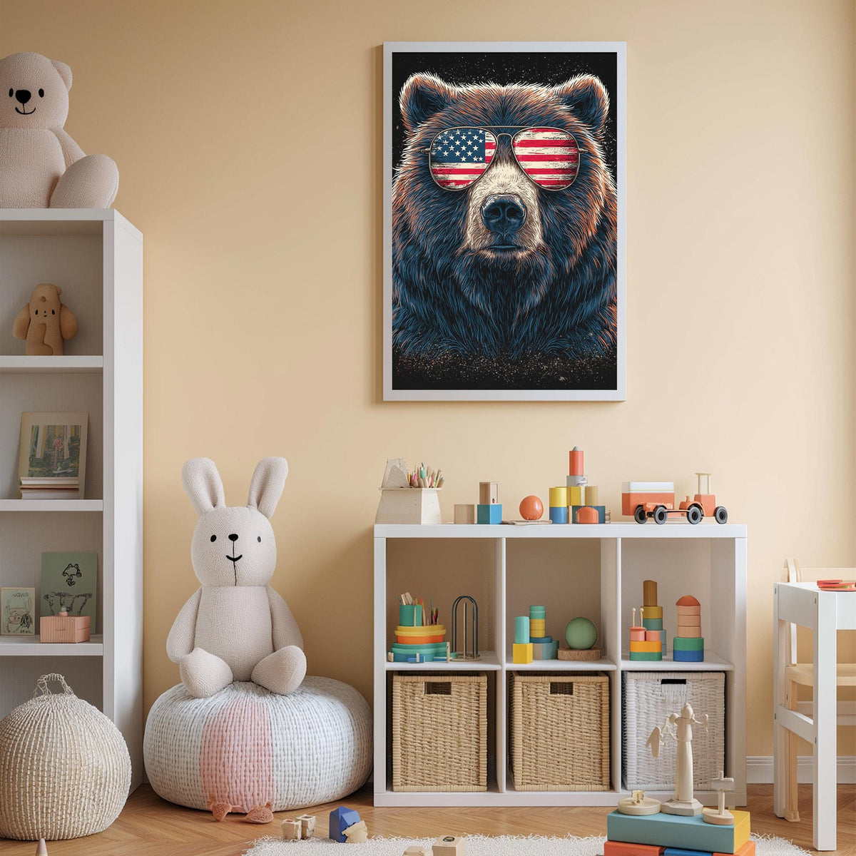 a child's bedroom with a large bear wearing sunglasses and an American flag, a stuffed rabbit, a bookshelf with toys, and a framed artwork on the wall.