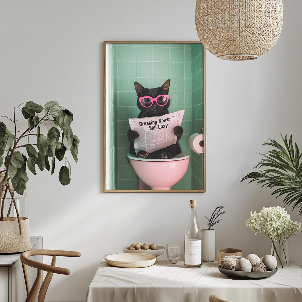 a cat wearing sunglasses and reading a newspaper while sitting on a pink toilet seat in a bathroom.
