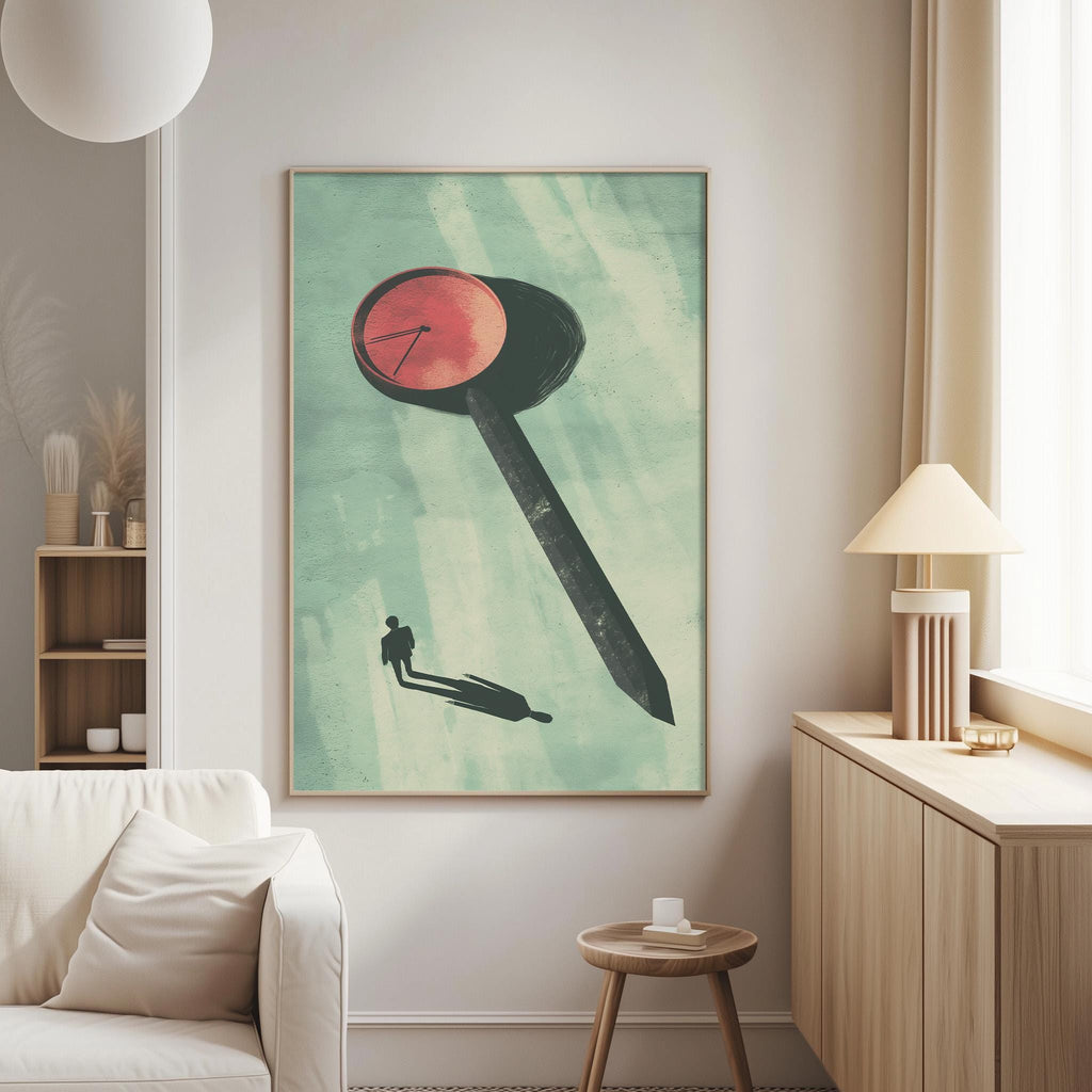 a large framed artwork depicting a stylized clock with a red face and black hands, hanging on a wall in a living room setting.