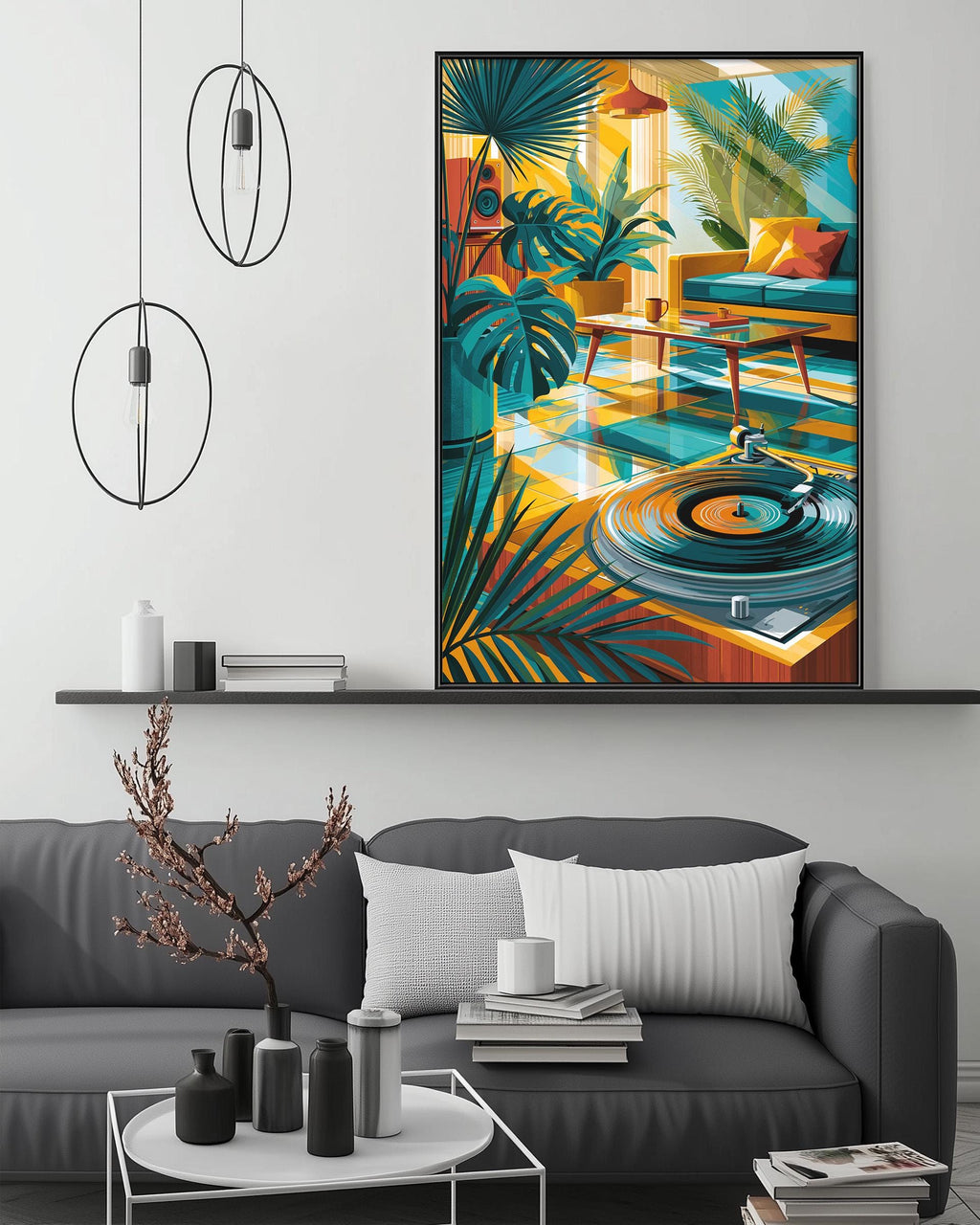 a modern living room with a gray sofa, a coffee table, and a large framed poster of a tropical scene hanging on the wall above the sofa.