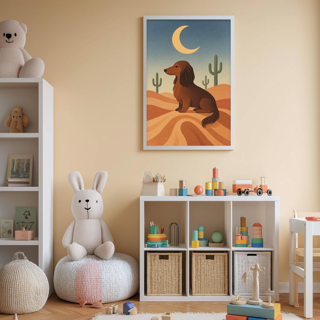 A child's bedroom with a white bookshelf, a stuffed rabbit, a toy train, and a framed illustration of a dog in a desert landscape.