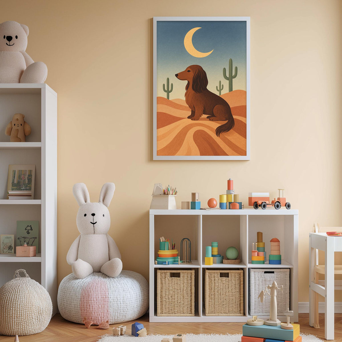 A child's bedroom with a white bookshelf, a stuffed rabbit, a toy train, and a framed illustration of a dog in a desert landscape.
