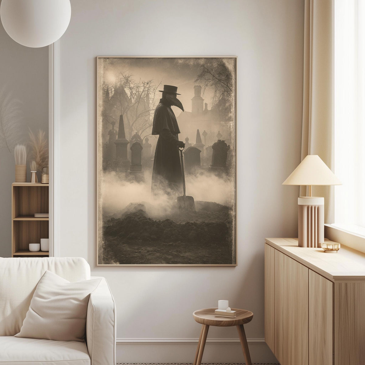 a person wearing a mask and a long coat, standing in a foggy graveyard.
