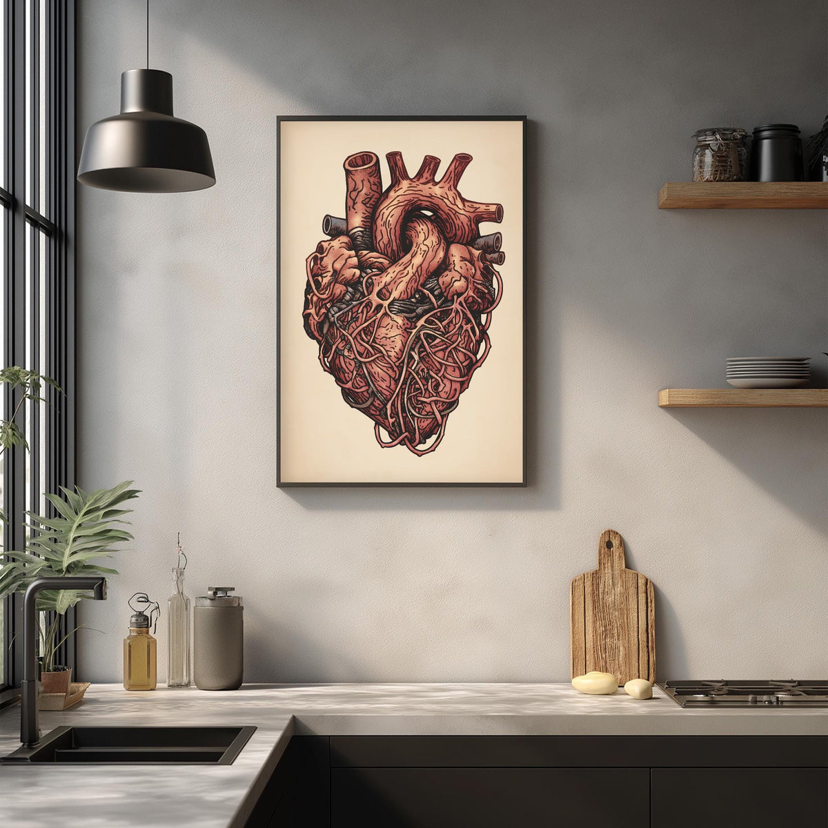 a kitchen counter with a framed illustration of a human heart hanging on the wall above it. The counter also has various kitchen items such as a cutting board, a knife, and a bottle.