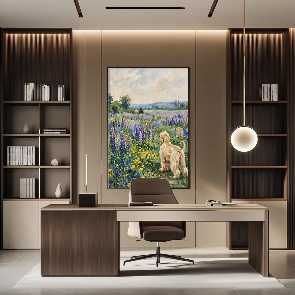 a modern office space with a large painting of a dog in a field of flowers hanging on the wall. The office features a wooden desk, a comfortable chair, and a bookshelf filled with books. The overall design and decor create a serene and inviting atmosphere.