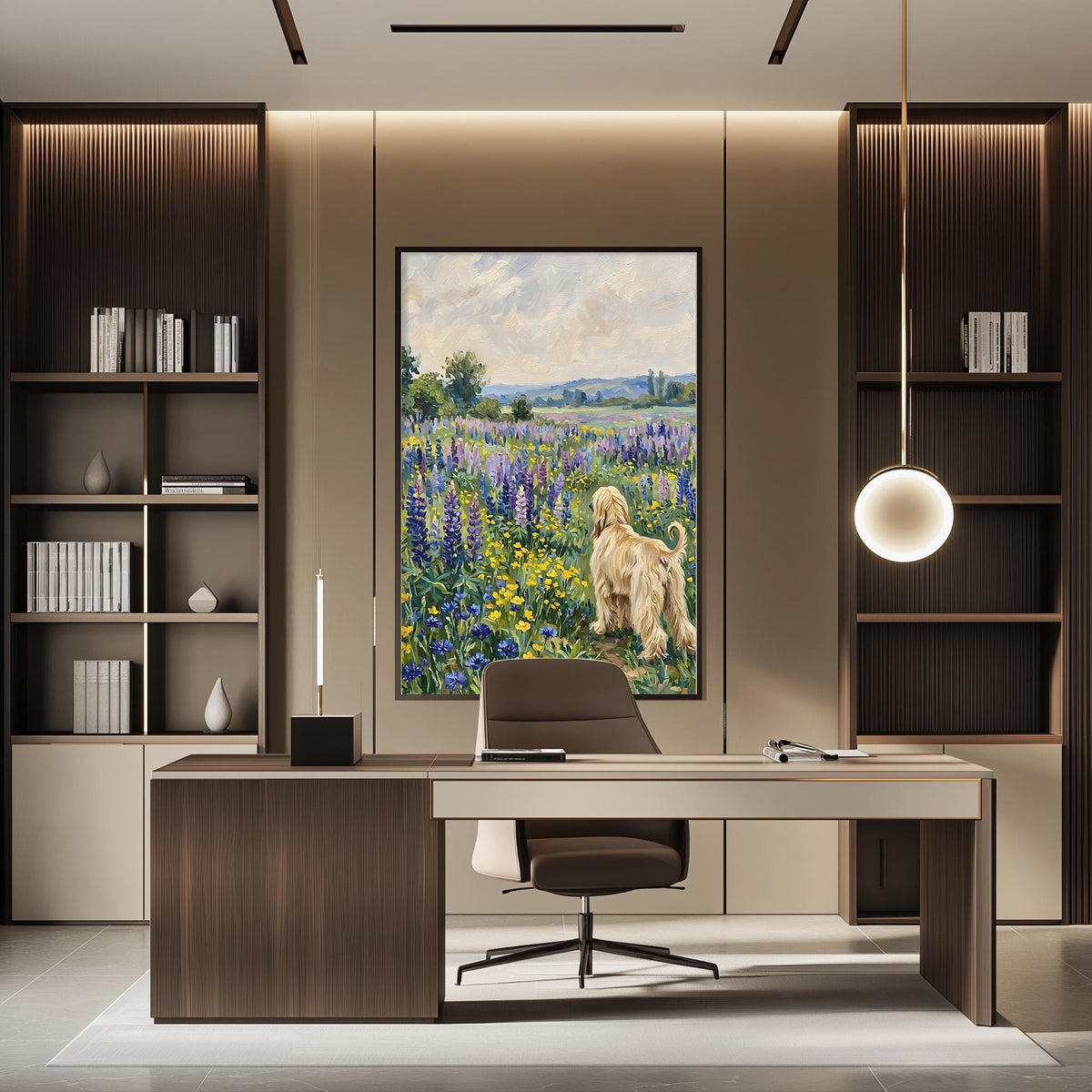 a modern office space with a large painting of a dog in a field of flowers hanging on the wall. The office features a wooden desk, a comfortable chair, and a bookshelf filled with books. The overall design and decor create a serene and inviting atmosphere.