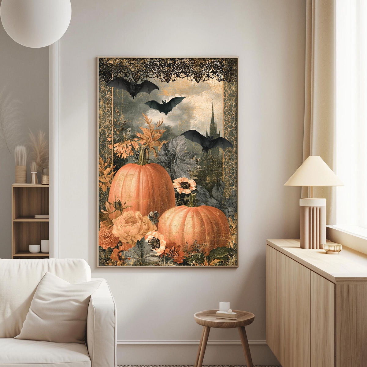 a living room with a large wall art piece depicting two pumpkins surrounded by flowers and bats. The room has a white couch, a wooden side table, and a lamp on a nearby table.