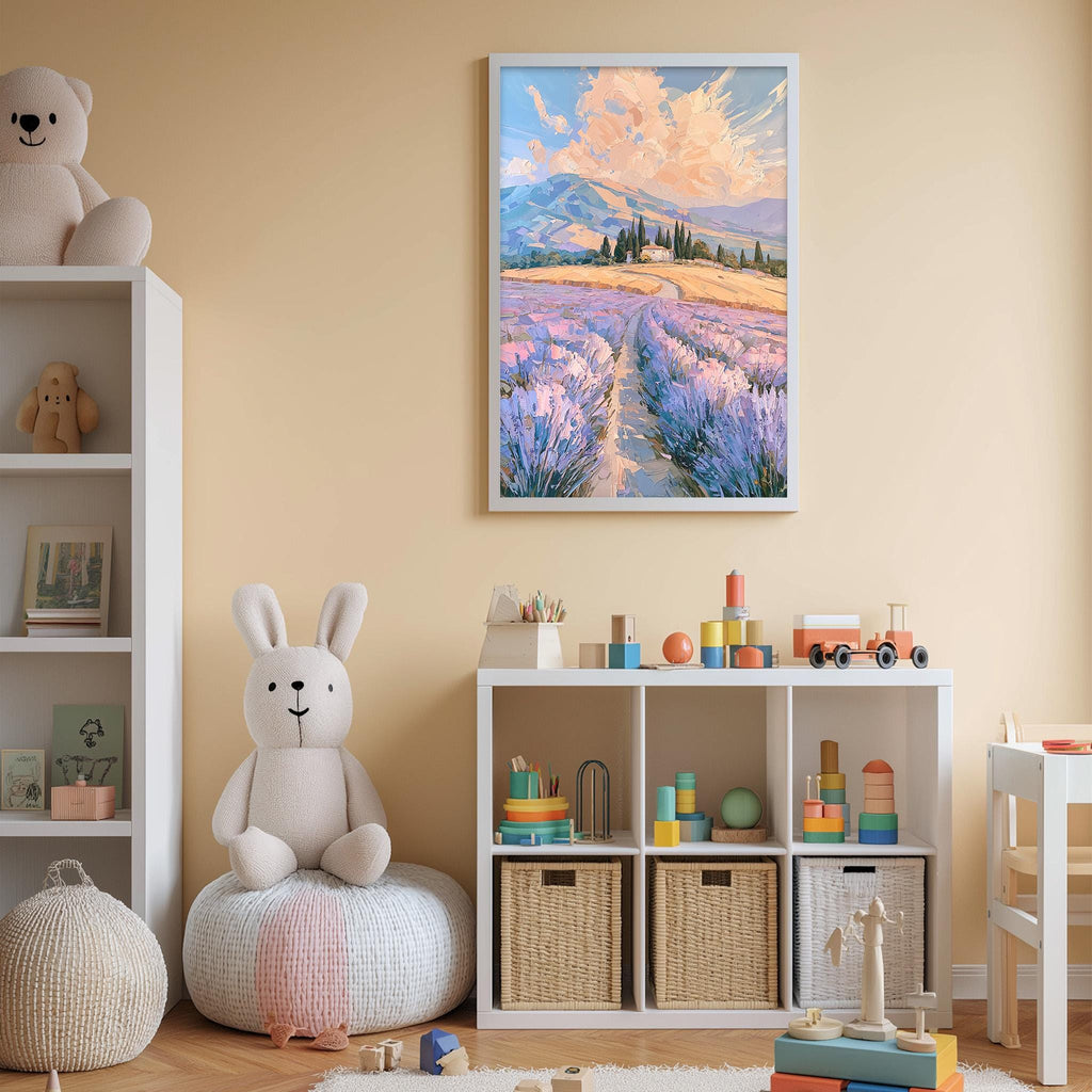 A cozy children's bedroom with a large painting of a lavender field on the wall, a white bookshelf filled with toys, and a plush rabbit sitting on a bean bag chair.