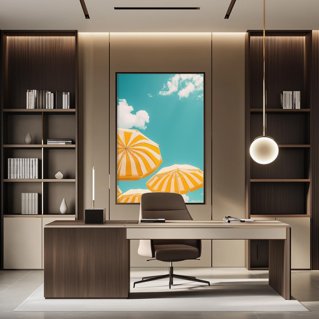 a modern office space with a large framed picture of umbrellas on the wall, creating a vibrant and cheerful atmosphere.