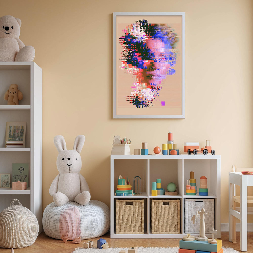 a child's bedroom with a white bookshelf, a stuffed rabbit, a colorful abstract painting, and various toys and storage bins.