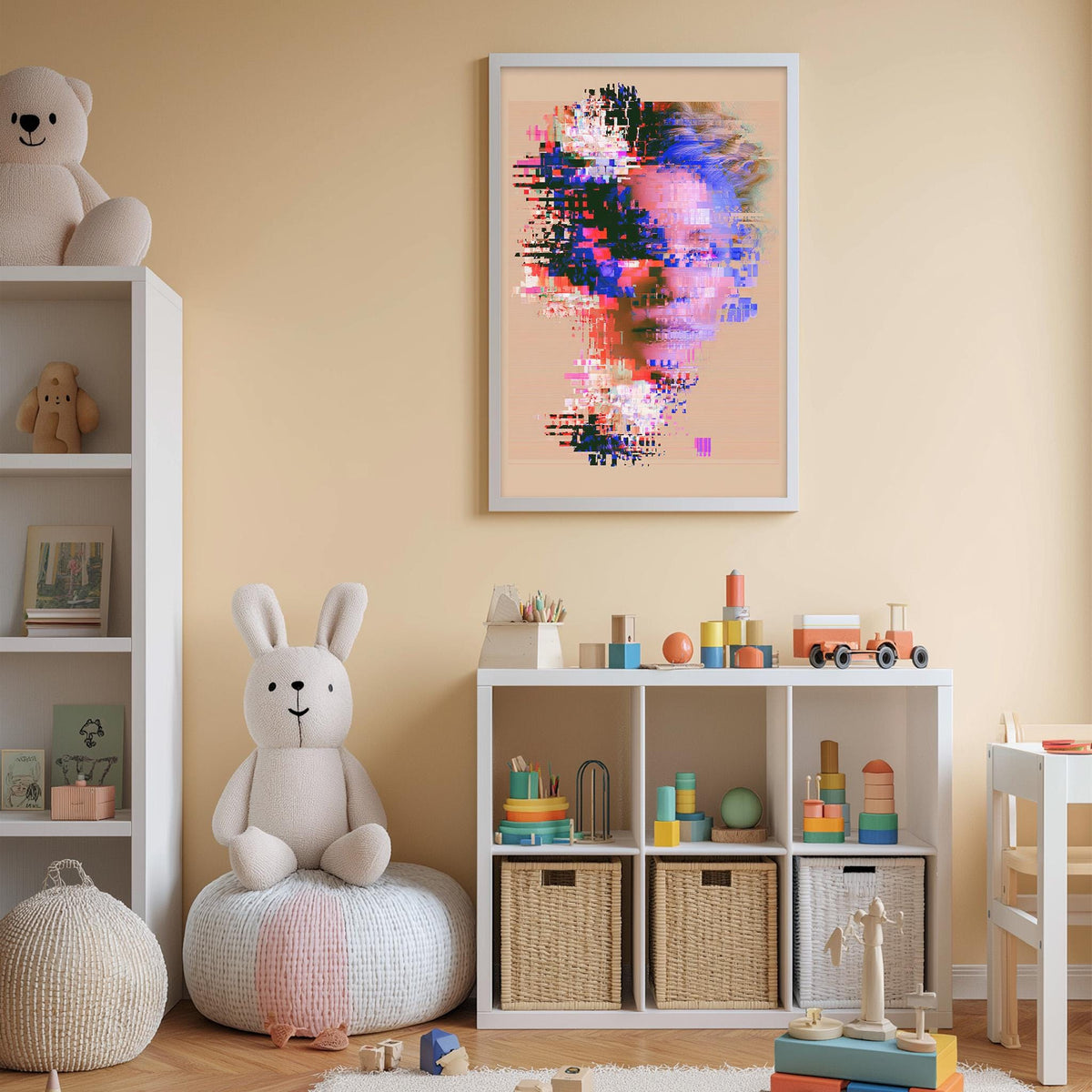 a child's bedroom with a white bookshelf, a stuffed rabbit, a colorful abstract painting, and various toys and storage bins.