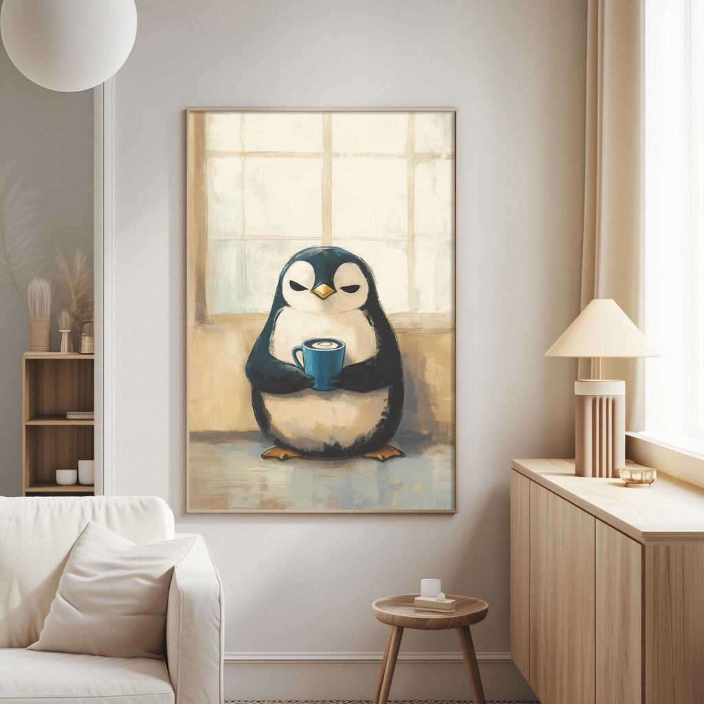 a cozy living room with a large painting of a penguin holding a cup of coffee hanging on the wall. The penguin is sitting on a windowsill, and the painting adds a whimsical touch to the room's decor.