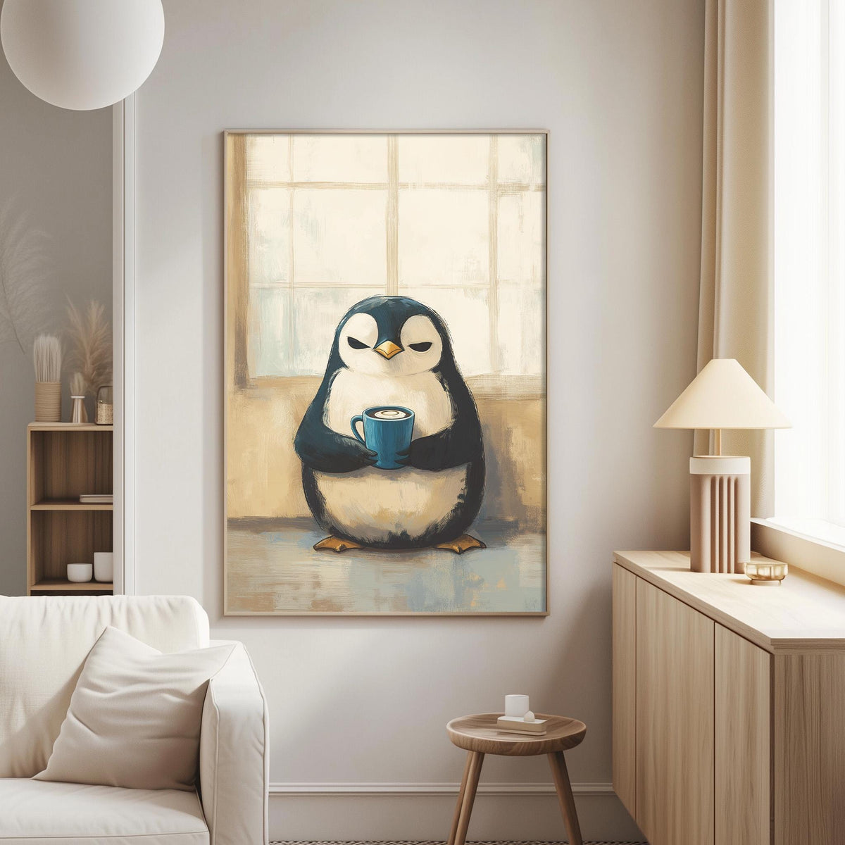 a cozy living room with a large painting of a penguin holding a cup of coffee hanging on the wall. The penguin is sitting on a windowsill, and the painting adds a whimsical touch to the room's decor.