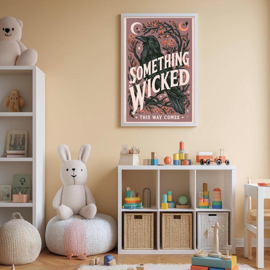 A child's bedroom with a large poster of "Something Wicked This Way Comes" hanging on the wall, surrounded by shelves filled with toys and storage bins.