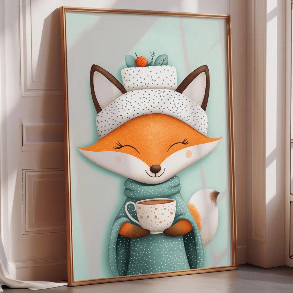 A framed illustration of a cartoon fox wearing a hat and holding a cup of tea.