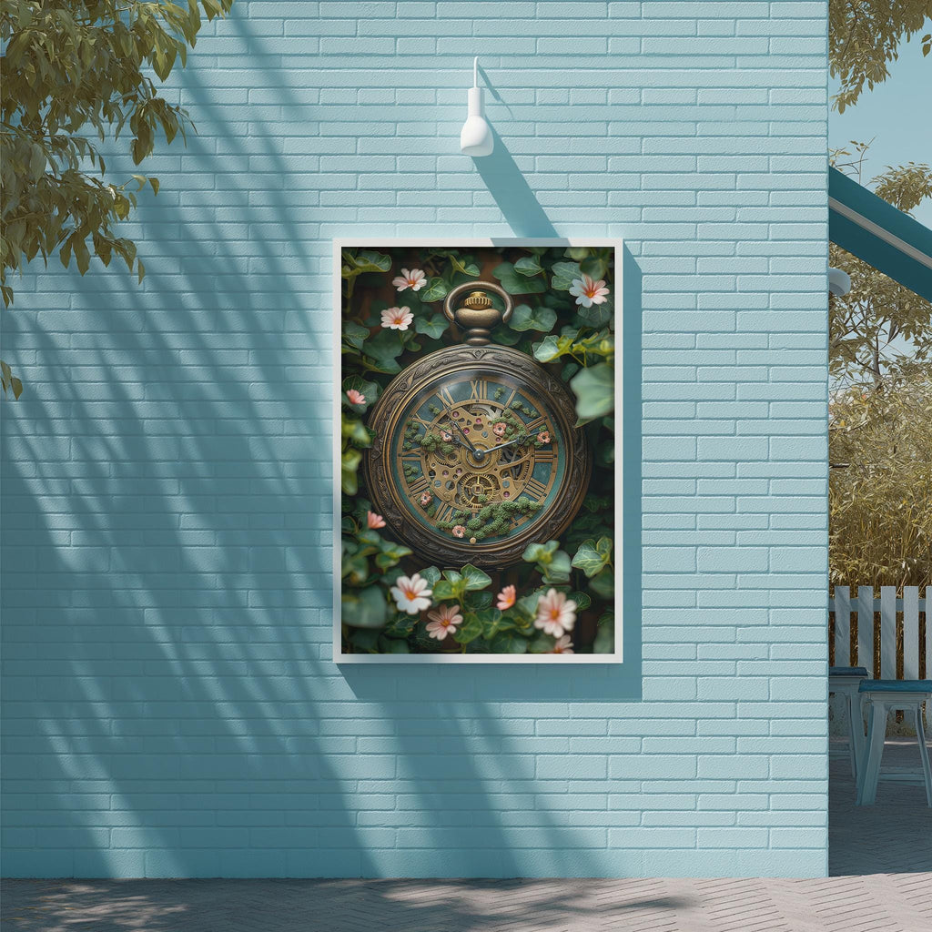 a large clock with a green and gold face, surrounded by flowers and leaves, mounted on a blue wall.