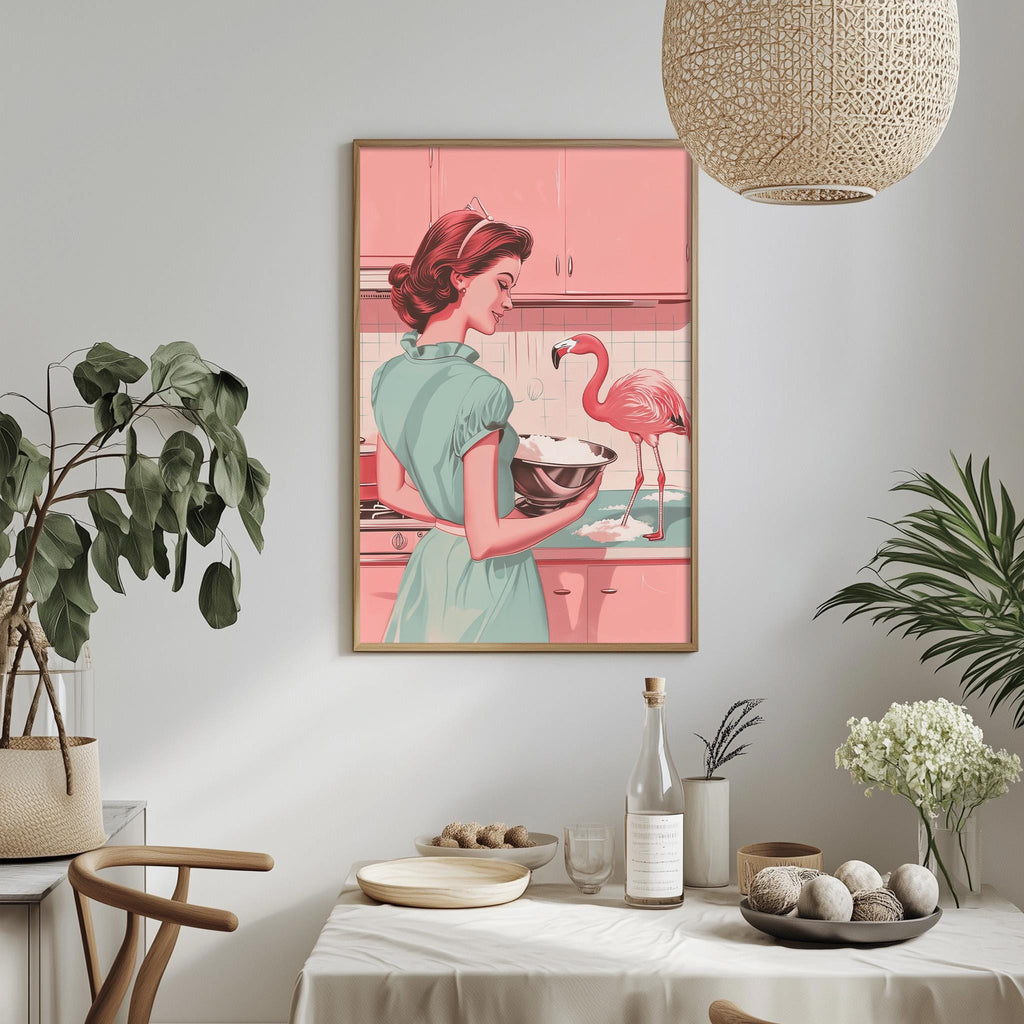 a framed illustration of a woman in a green dress standing in a kitchen, holding a bowl and looking at a pink flamingo. The kitchen has a pink and white color scheme, and there are potted plants and other decorative elements in the background.