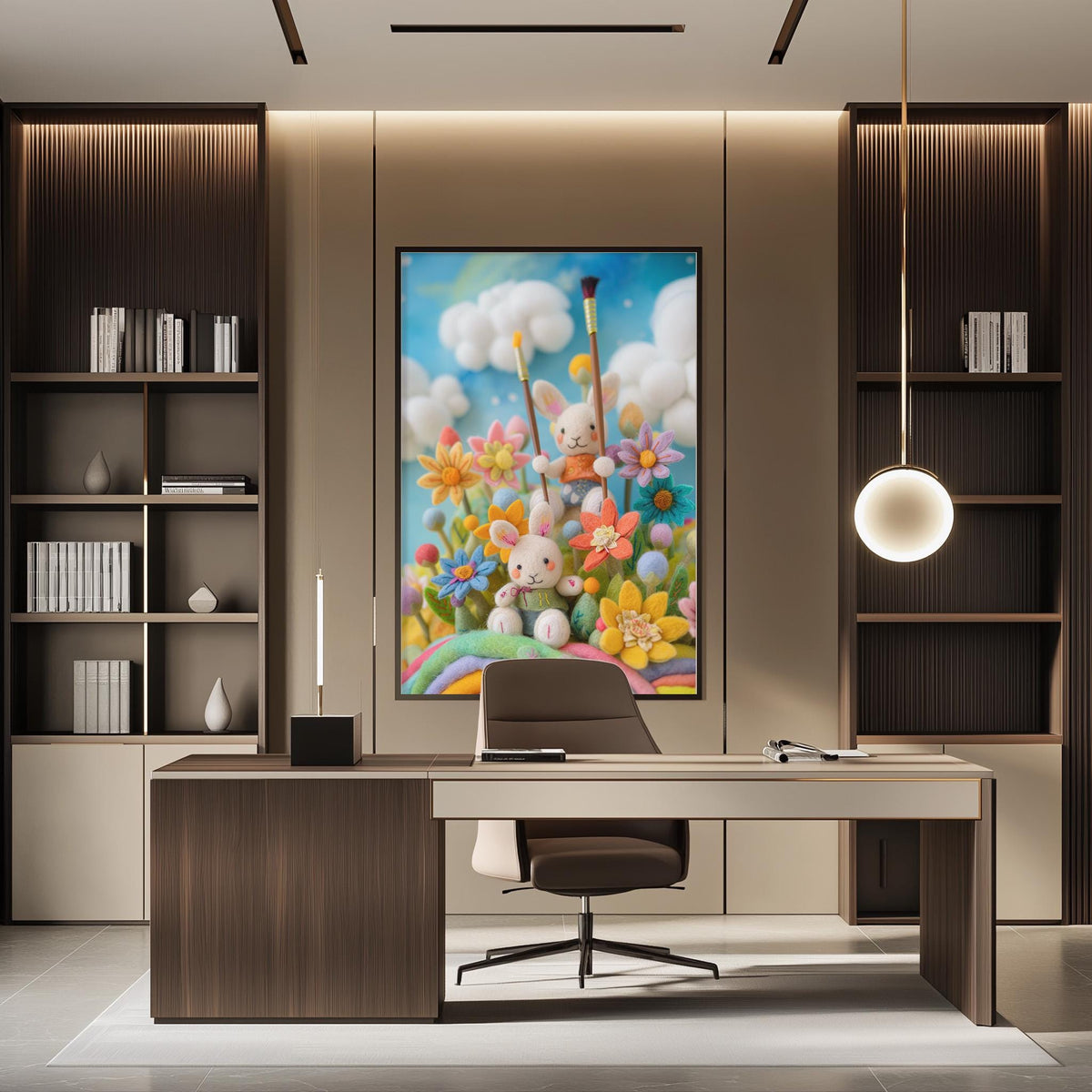 a modern office space with a large, colorful painting of rabbits and flowers on the wall. The office has a wooden desk, a chair, and a bookshelf filled with books. The overall design and decor create a pleasant and inviting atmosphere.