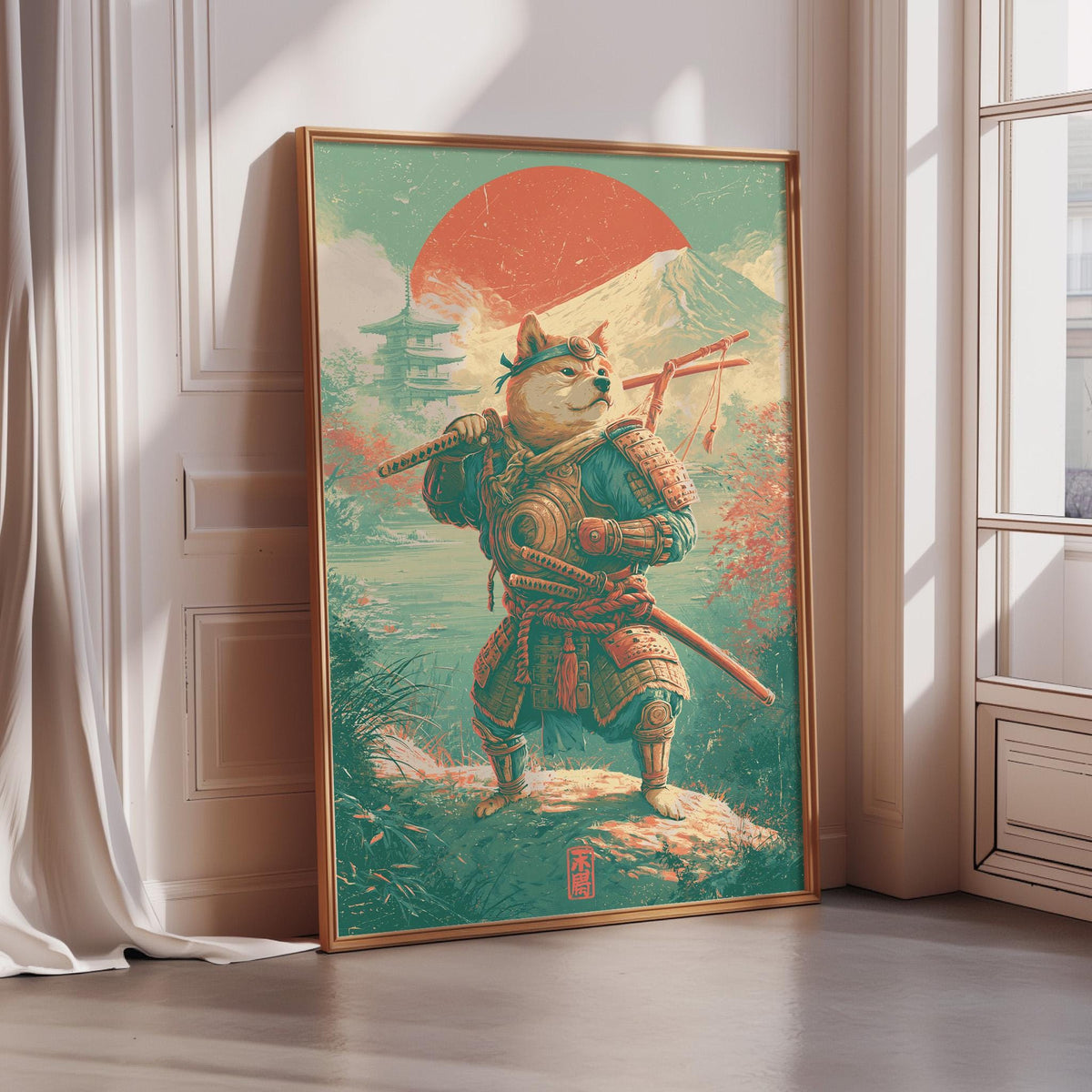 a large framed artwork depicting a dog dressed in traditional Japanese armor and wielding a sword, standing on a rock in a serene landscape with a red sun in the background.