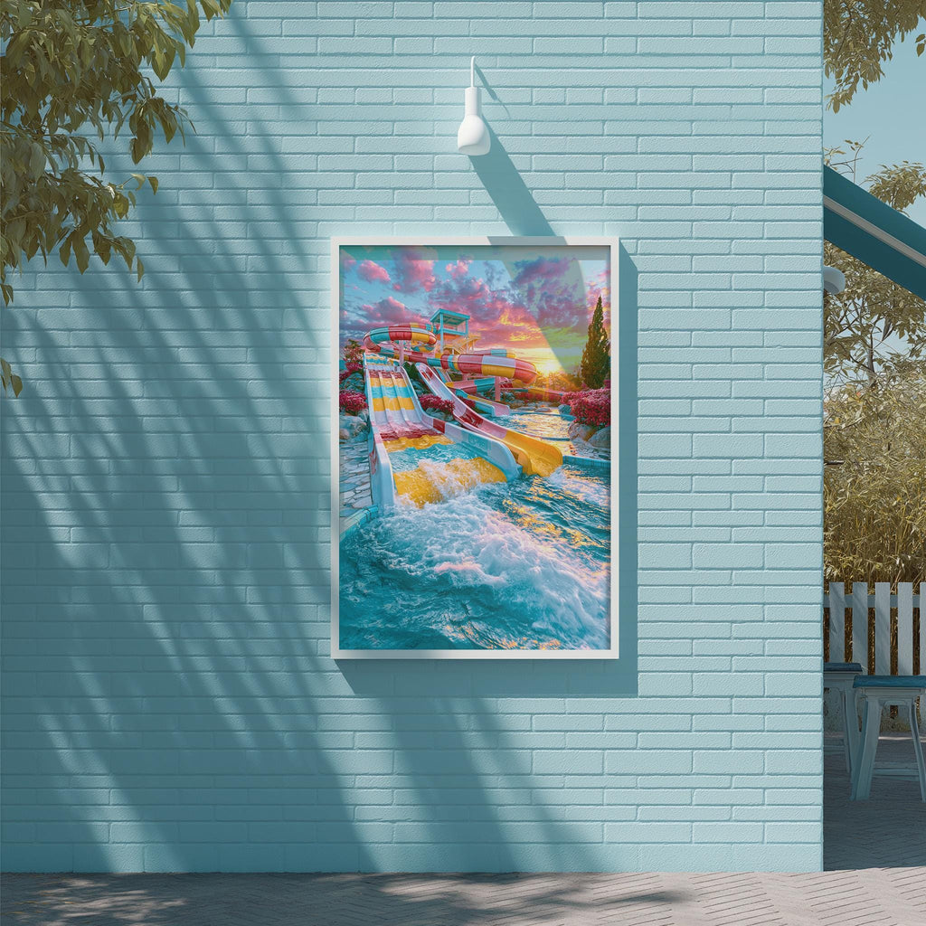 A vibrant and colorful water slide scene is displayed on a light blue brick wall, with a white light fixture above it.