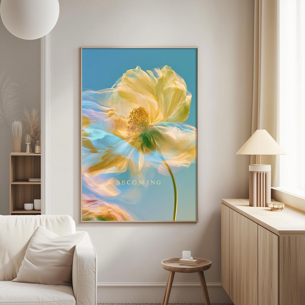 a large, vibrant painting of a yellow flower hanging on a wall in a living room.